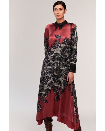 Pointed Collar Printed Silk Midi Dress
