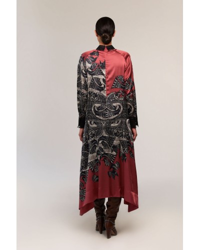 Pointed Collar Printed Silk Midi Dress