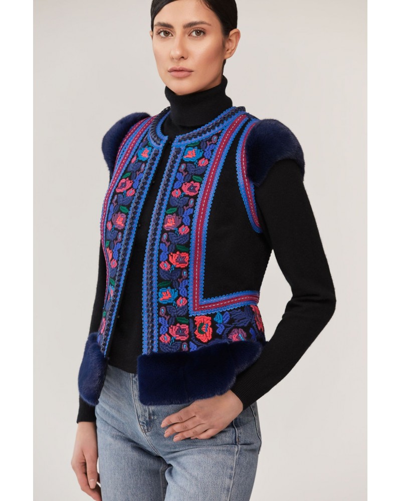 Ethnical Embroidered Cashmere-blend Fur Vest